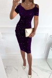 Темно-фиолетовое сексуальное платье в стиле пэчворк с V-образным вырезом и коротким рукавом Платья