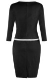 Black Casual Solid Patchwork Slit Square Collar Long Sleeve Dresses