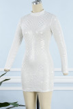 Blanco sexy sólido lentejuelas patchwork medio cuello alto lápiz falda vestidos