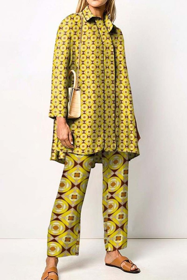 Colletto della camicia patchwork con stampa casual gialla a maniche lunghe in due pezzi