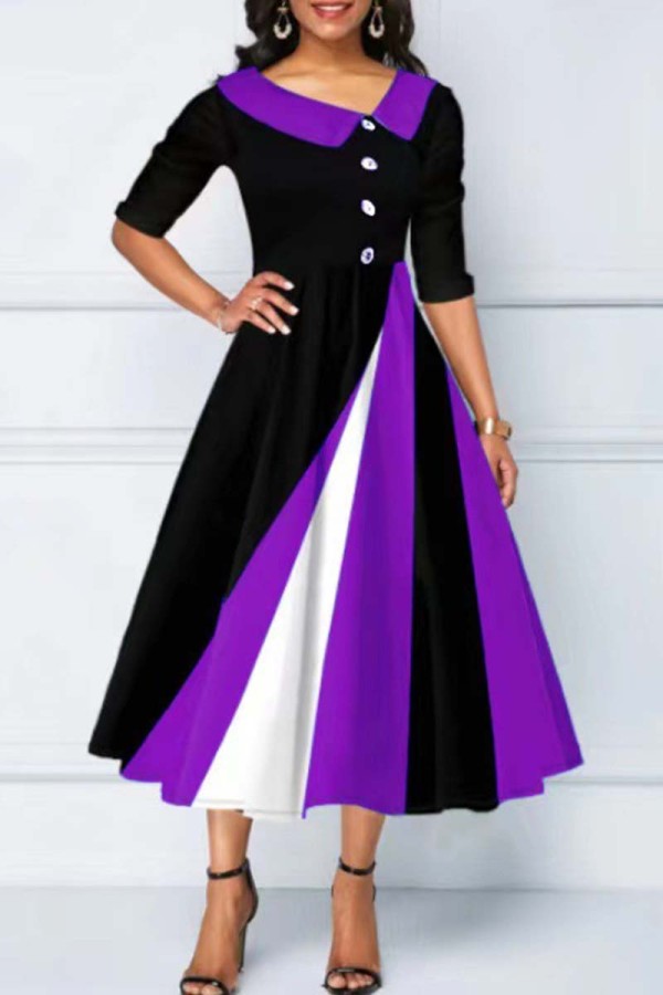 Paarse casual patchwork contrasterende schuine kraag A-lijn jurken