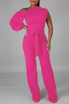ピンク ファッション カジュアル ソリッド パッチワーク 非対称 アシンメトリー カラー ストレート ジャンプスーツ
