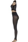 Black Sexy Patchwork Hot Drilling See-through Turtleneck Sleeveless Two Pieces