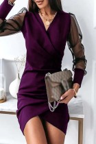 Пурпурные повседневные однотонные прозрачные платья в стиле пэчворк с V-образным вырезом и длинным рукавом