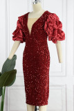Vestido de noite vermelho elegante com lantejoulas sólidas patchwork com decote em V