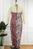 Rot Sexy Print Leopard Patchwork Fold Halfter One Step Rock Plus Size Kleider