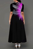 Пурпурное повседневное длинное платье с круглым вырезом и принтом Платья