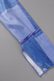 Vestidos de falda de un solo paso de cuello alto de patchwork con estampado de calle azul