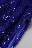 Colorido azul sexy sólido patchwork plumas hendidura sin tirantes irregular vestido vestidos