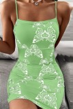 Ljusgrön Sexig Print Backless Spaghetti Strap Ärmlösa klänningar