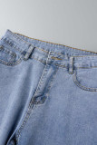 Ljusblå Street Plädtryck Patchwork Jeans med hög midja