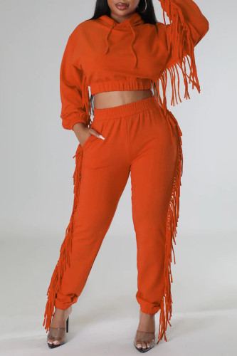 Tangerine Red Casual Street Solid Tassel Patchwork Hooded Collar Long Sleeve Two Pieces