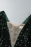 インクグリーンエレガントソリッドスパンコールパッチワークフォールドVネックイブニングドレスドレス