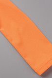 Mandarine Rouge Sexy Solide Évidé Patchwork Col Carré Manches Longues Deux Pièces