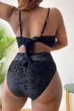 Costume da bagno nero moda sexy leopardato patchwork senza schienale con scollo a V taglie forti (con imbottitura)