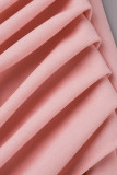 Vestidos de falda de un paso de cuello oblicuo con pliegues de patchwork sólido elegante rosa