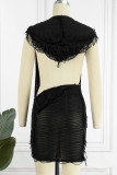 ブラック セクシー ストリート ソリッド パッチワーク フード付きカラー ペンシル スカート ドレス