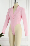 Roze sexy effen patchwork, normale bodysuit met omgeslagen kraag