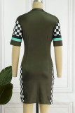 Green Casual Sportswear Print Patchwork Zipper Collar Pencil Skirt Dresses