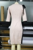 Pink Casual Solid Hollowed Out Patchwork O Neck Pencil Skirt Dresses