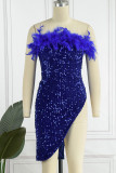 Kleurrijke blauwe sexy stevige patchwork veren spleet strapless onregelmatige jurk jurken