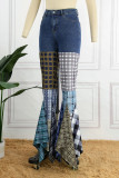 Diepblauwe geruite patchwork jeans met hoge taille en hoge taille