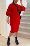 赤 カジュアル ソリッド ベーシック Oネック ロングスリーブ ドレス