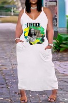 Белое зеленое сексуальное повседневное длинное платье с открытой спиной и бретельками с принтом Платья больших размеров