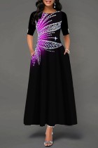 Пурпурное повседневное длинное платье с круглым вырезом и принтом Платья
