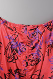 Rode sexy print patchwork vouw off-the-shoulder kokerrokjurken