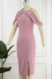 Розовые элегантные однотонные лоскутные платья с круглым вырезом и юбкой на один шаг