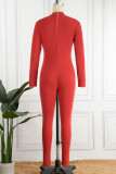 Röd Sexig Solid Patchwork Zipper O Neck Skinny Jumpsuits