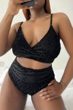 Black Fashion Sexy Leopard Patchwork Backless V Neck Plus Size Swimwear (With Paddings)