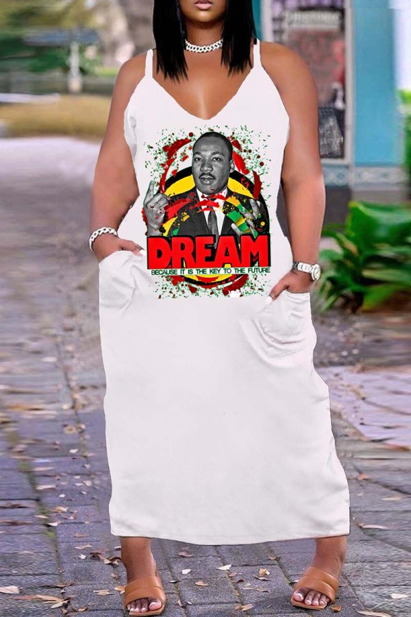 Белое красное сексуальное повседневное длинное платье с открытой спиной и бретельками с принтом Платья больших размеров