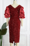 赤のエレガントな固体スパンコール パッチワーク フォールド V ネック イブニング ドレス ドレス