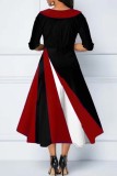 Vestidos casuais patchwork vermelho escuro com gola oblíqua contrastante