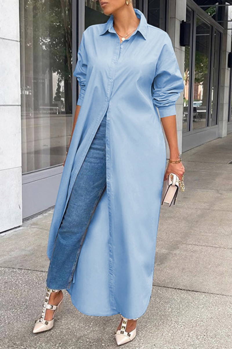 

Sky Blue Casual Solid Patchwork Shirt Collar Shirt Dress Dresses