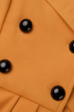 カーキ カジュアル ソリッド パッチワーク ベルト付き ターンバック カラー ストレート ドレス
