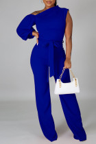 Blue Fashion Casual Solid Patchwork Asymmetrical Asymmetrical Collar Straight Jumpsuits