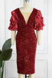 赤のエレガントな固体スパンコール パッチワーク フォールド V ネック イブニング ドレス ドレス