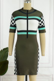 Green Casual Sportswear Print Patchwork Zipper Collar Pencil Skirt Dresses
