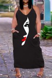黒のセクシーなカジュアルプリントベーシックスパゲッティストラップロングドレスプラスサイズのドレス