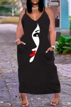 ブラック ホワイト セクシー カジュアル プリント ベーシック スパゲッティ ストラップ ロング ドレス プラス サイズ ドレス