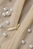 Vita Sexiga Elegant Solid Patchwork Genomskinliga pärlor O-hals vanliga Jumpsuits