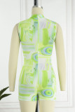 Green Sexy Print Hollowed Out Patchwork Metal Accessories Decoration Half A Turtleneck Skinny Rompers