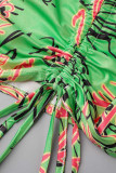 Vestidos de falda de lápiz con hombros descubiertos y pliegues de patchwork con estampado sexy verde