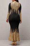 Gold Casual Print Patchwork O Neck Long Sleeve Dresses