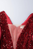 Красные элегантные однотонные вечерние платья с блестками в стиле пэчворк и V-образным вырезом