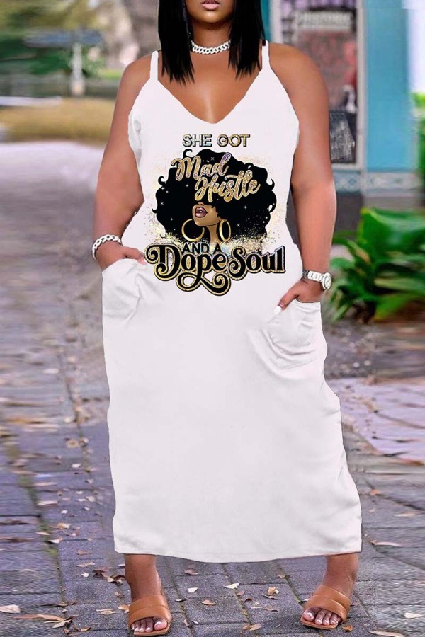 White Gold Sexy Print Backless Spaghetti Strap Langes Kleid Plus Size Kleider