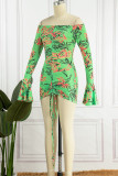 Vestidos de falda de lápiz con hombros descubiertos y pliegues de patchwork con estampado sexy verde